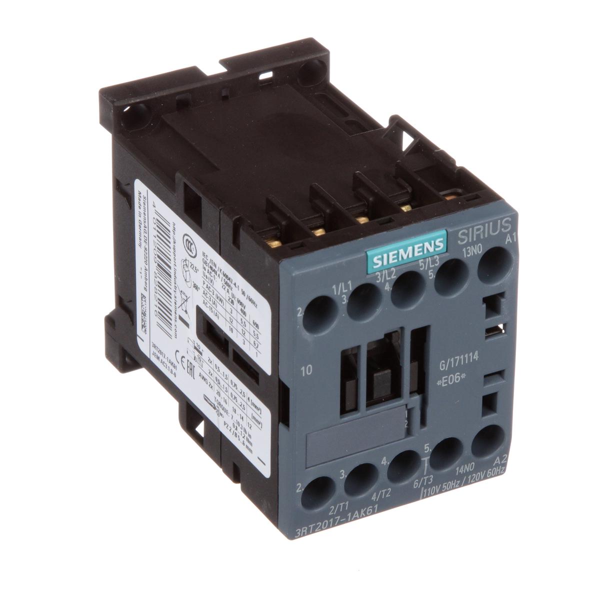 3RT20171AK61 – Siemens 12 Amp 120V AC 3-Pole Motor Contactor DIN Rail Mount