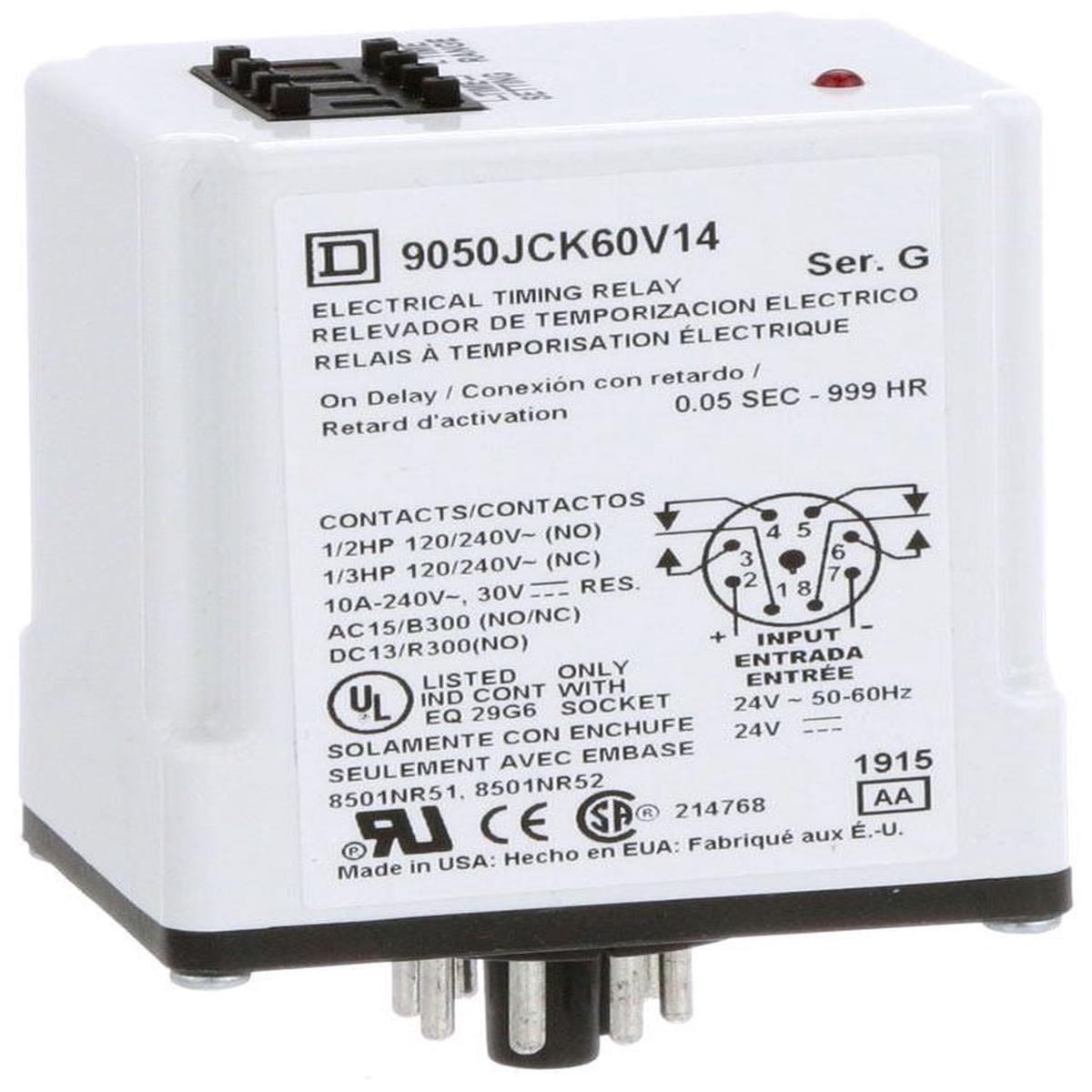 9050JCK60V14 – Square D 10A 240VAC/24VAC/DC DPDT Plug-In On-Delay Timer Relay Type JCK