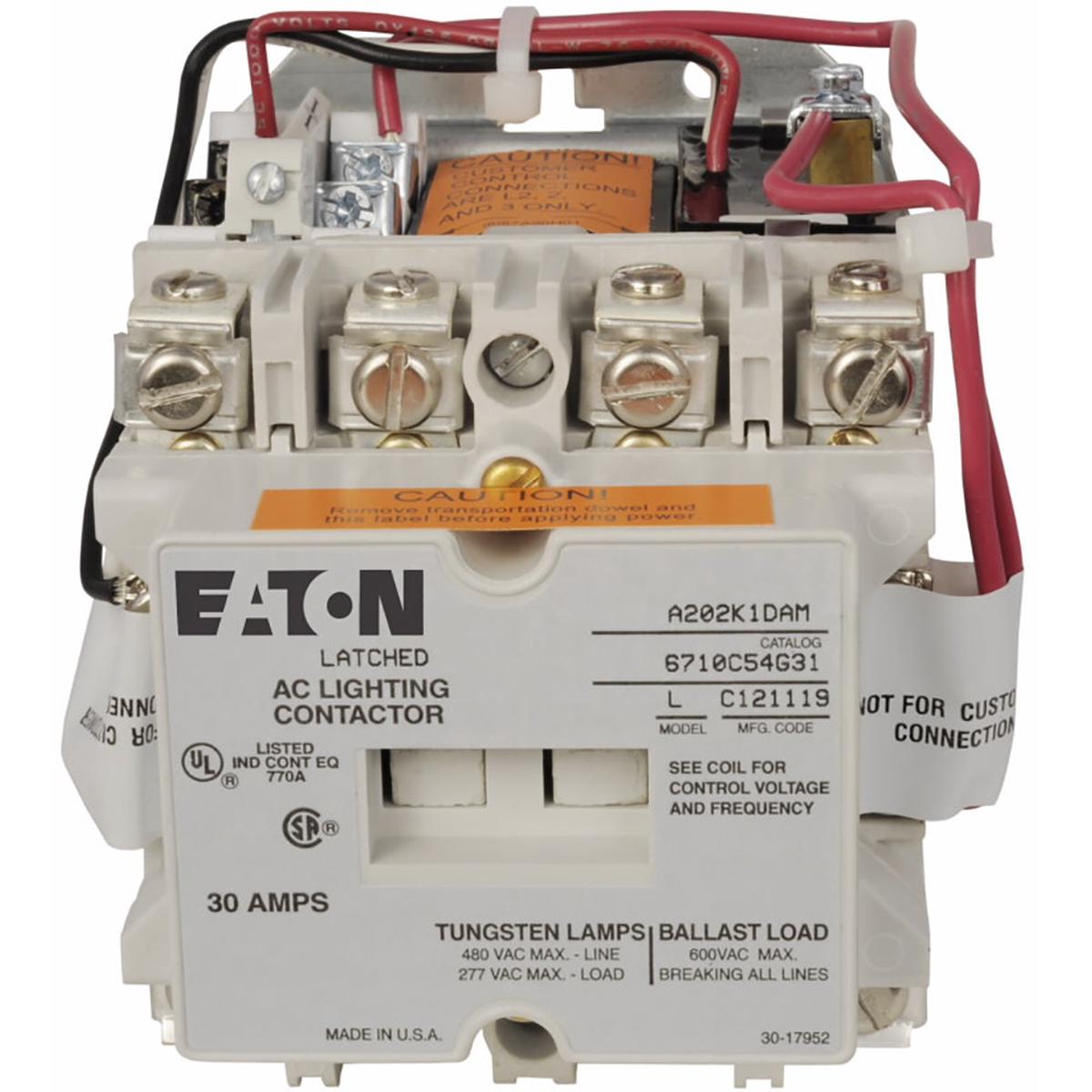 A202K1DA – Eaton 30A 600VAC 4-Pole Magnetically Held Lighting Contactor, 120V Coil, A202 Series