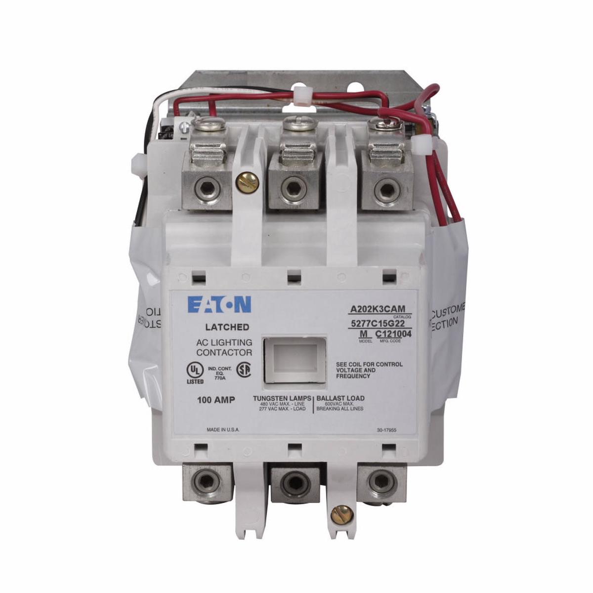 A202K3CAM – Cutler Hammer 100A 600V 3 Pole Magnetically Held Lighting Contactor, A202 Series, 120V Coil, UL & CSA Certified