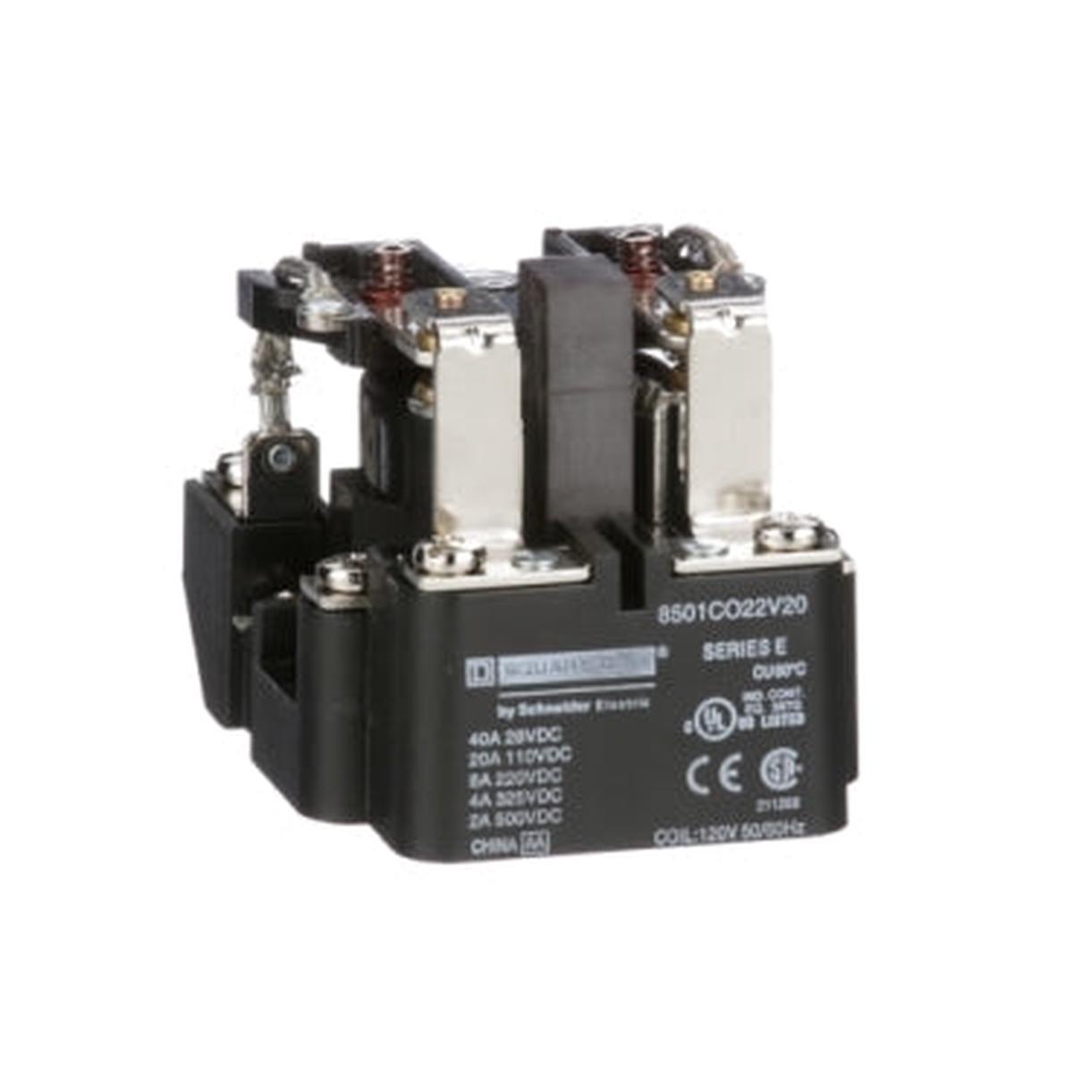 8501CO22V20 – Square D 20A 120VAC DPDT 2NO/2NC Power Relay, Type C, 8501 Series, Open-Frame, Motor Control