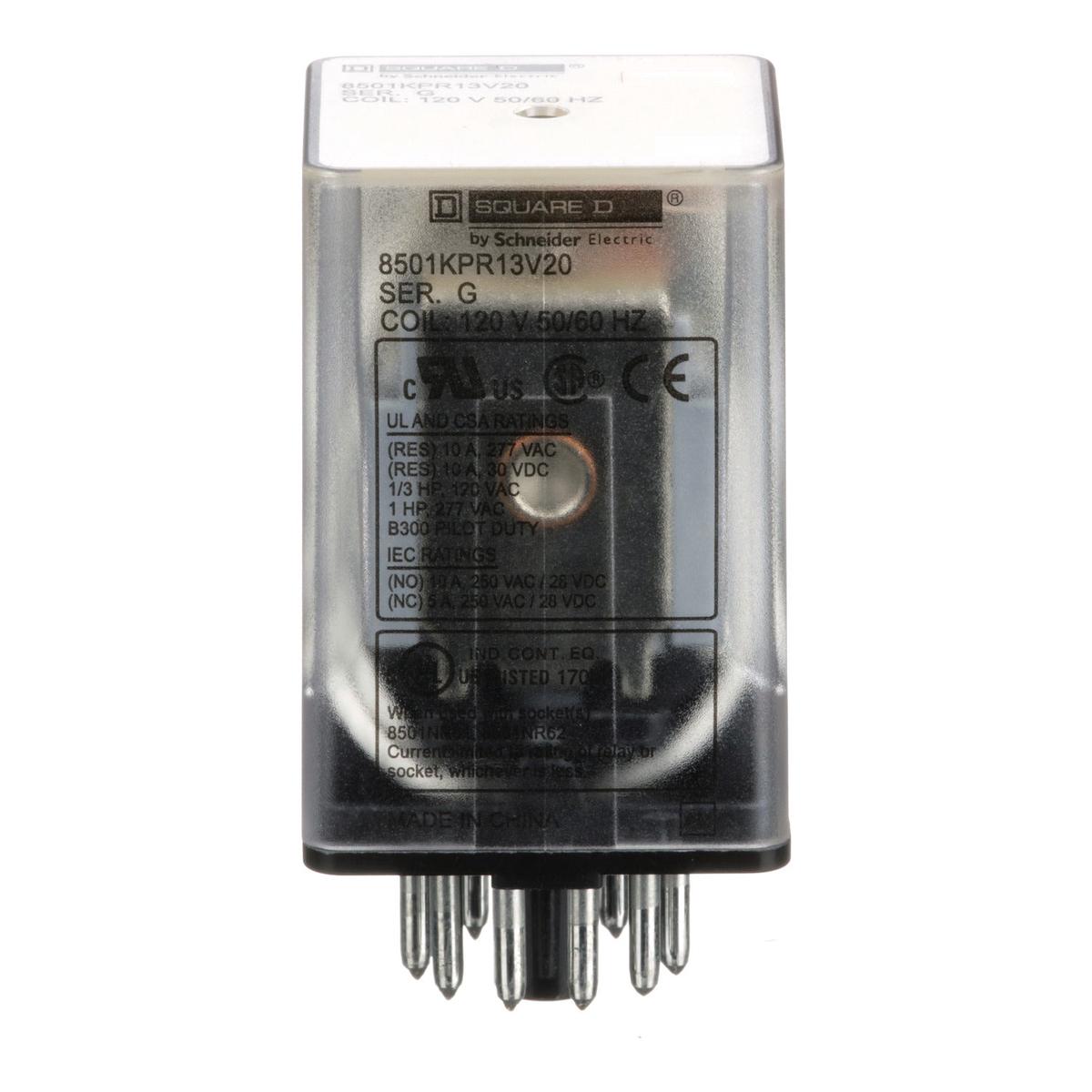 8501KPR13V20 – Schneider Electric Square D 10A 120VAC Coil 3PDT Plug-In Relay 1 HP 277VAC Motor Control