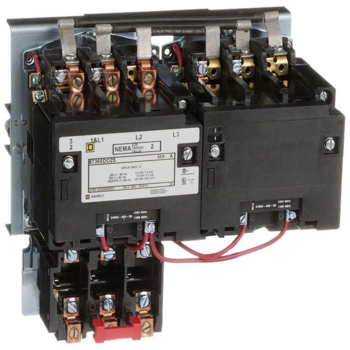 8736SDO2V02S – Square D NEMA Size 2 Reversing Magnetic Motor Starter, 45A, 600V, 3 Pole, Open, 120V Coil, Melting Alloy Overload, Series 8736