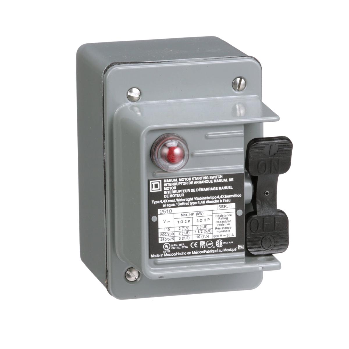 2510KW1B – Square D 30A 600VAC 2-Pole Manual Motor Switch with Red Indicator NEMA 4