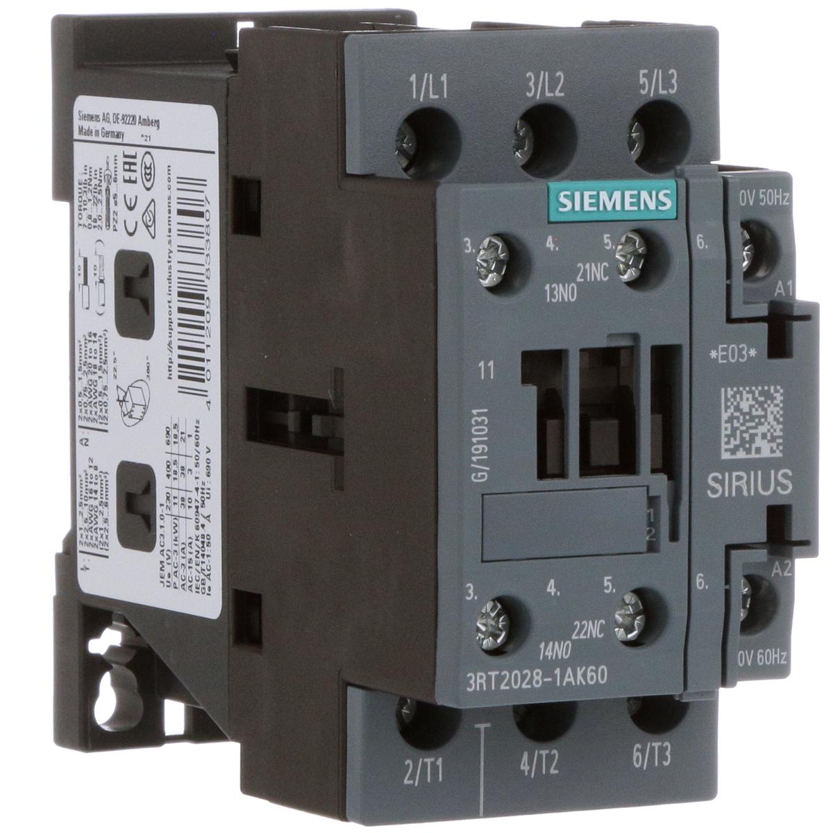 3RT20281AK60 – Siemens 3-Pole 38A 400V SIRIUS Power Contactor, 110V AC Coil, IP20, Size S0
