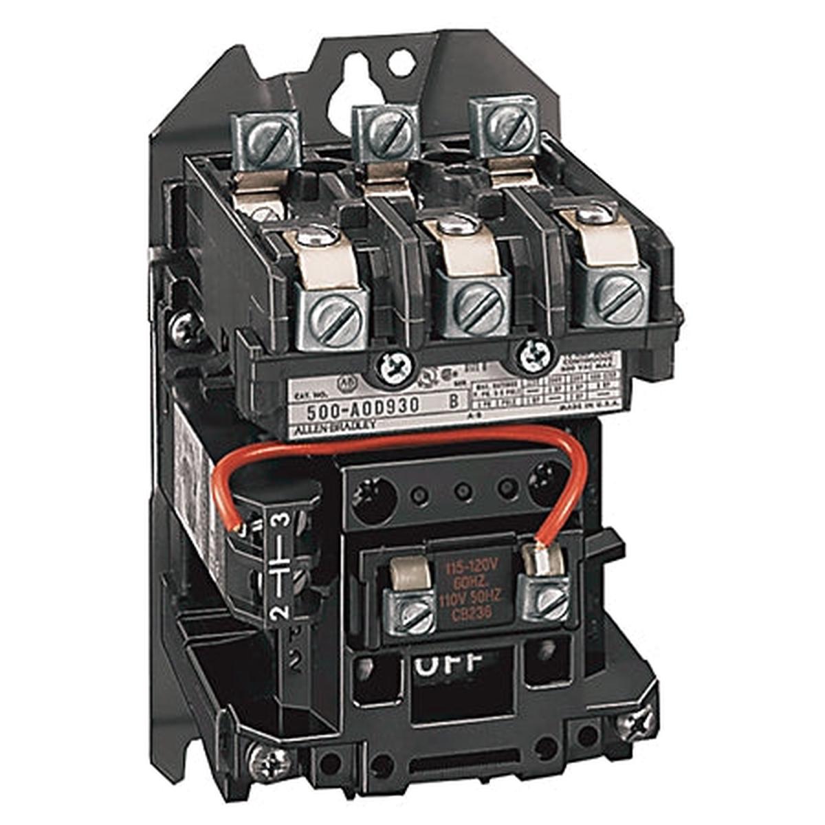 500-TOD930 – Allen-Bradley 9A 3-Pole NEMA 00 Open Top Wire Contactor 110/120V
