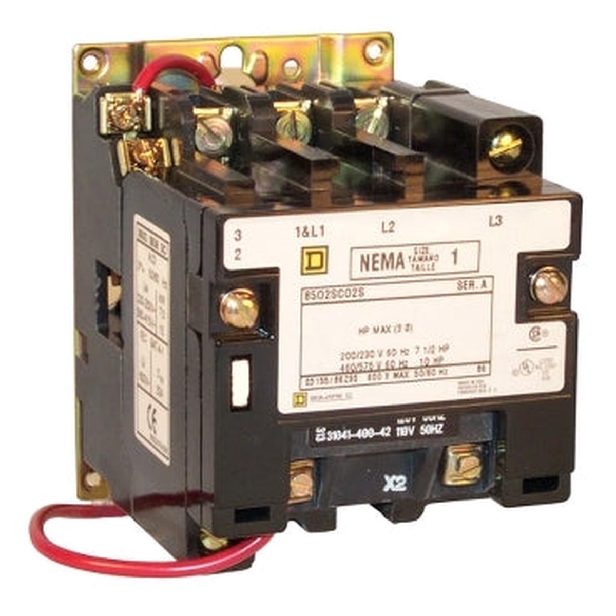 8502SCO2V06 – Square D NEMA Size 1 3 Pole 27A 480VAC Coil Contactor Non-Reversing