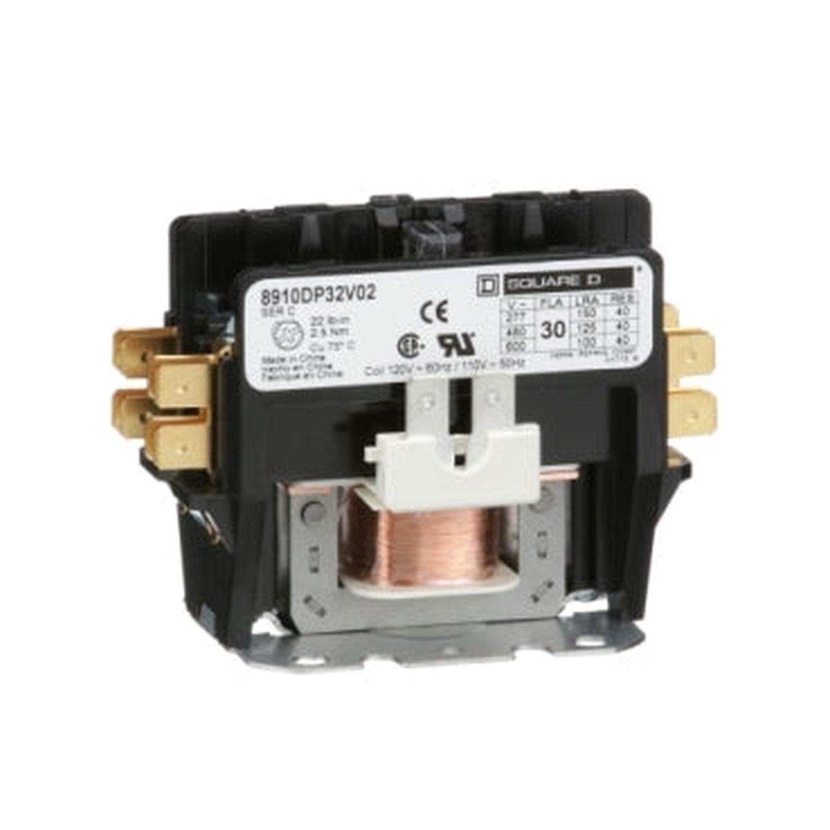 8910DP32V02 – Square D 30 Amp 2-Pole 120VAC Definite Purpose Contactor, NEMA 1, Non-Reversing, 2NO, 600V Interrupt Rating