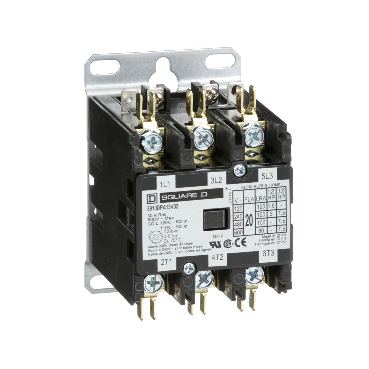 8910DPA13V04 – Square D 20A 3-Pole 600V Definite Purpose Contactor
