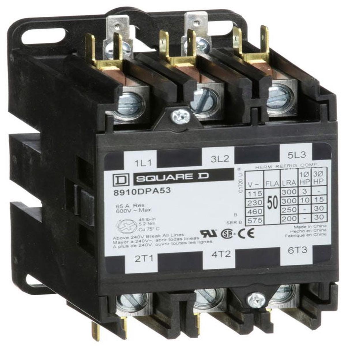 8910DPA53V09 – Square D 50A 240V 3-Pole Definite Purpose Contactor Panel Mount