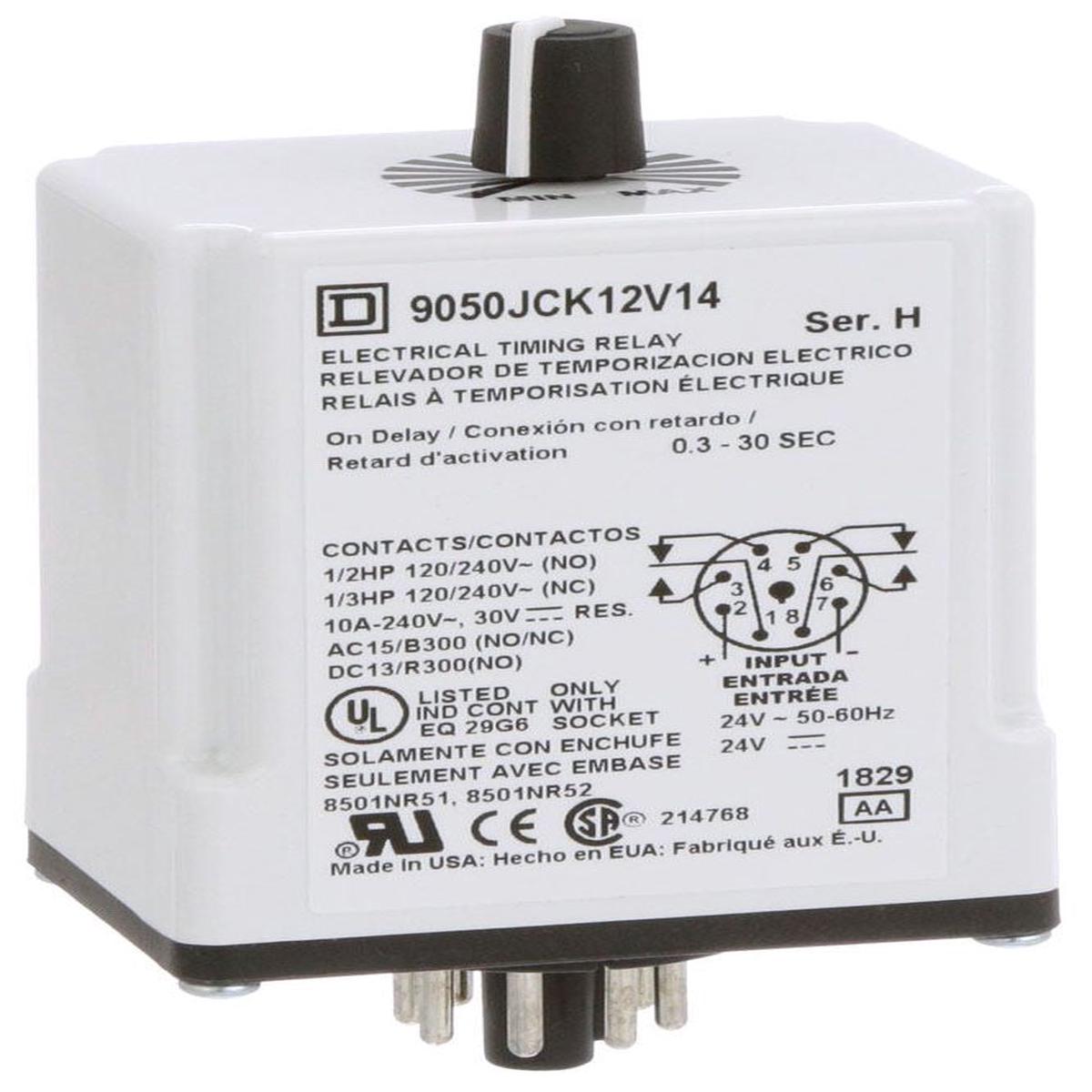 9050JCK12V14 – Square D 10A 240VAC/24VAC/DC DPDT Plug-In On-Delay Timing Relay Adjustable 0.3-30 Sec