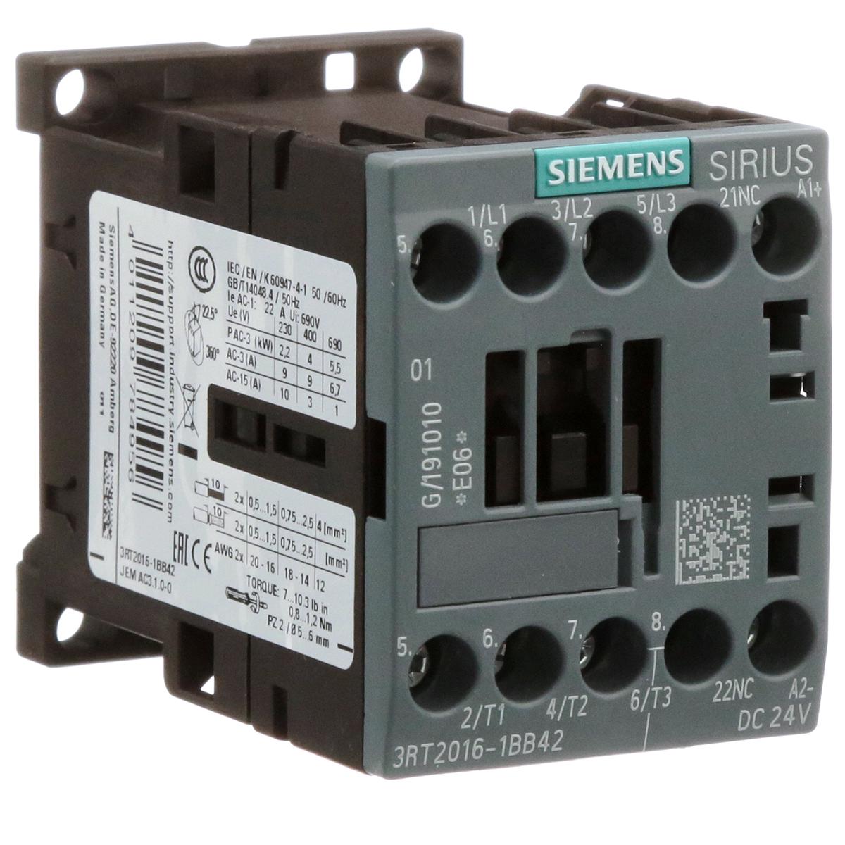 3RT2016-1BB42 – Siemens SIRIUS 3-Pole Power Contactor 9A 24VDC 1NC Screw Terminal S00 Frame