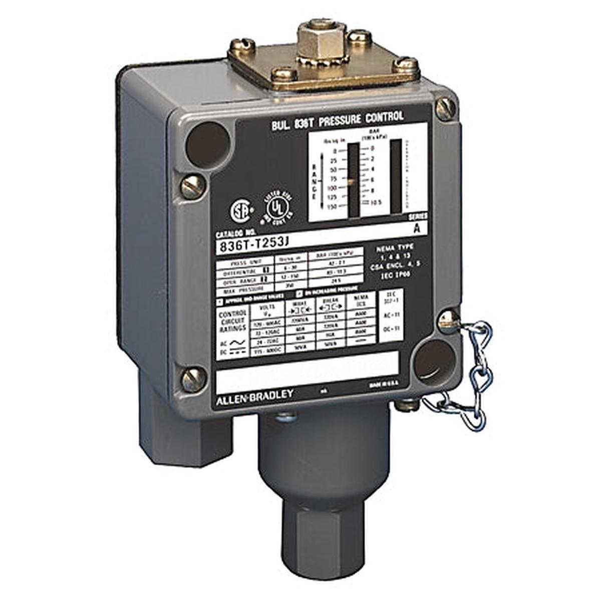 836T-T252J – Allen-Bradley 75 psi Pressure Control Switch, T Style, 2 Circuit Contact Block, Type 1/4/13 Enclosure