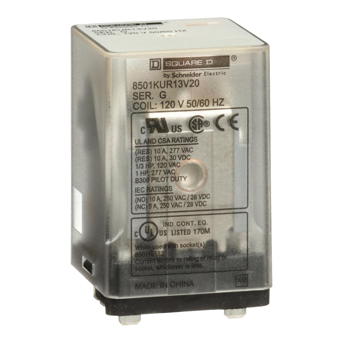 8501KUR13V20 – Square D General Purpose Plug-In Relay Blade 3PDT 120V AC 10A 250V AC Clear Cover