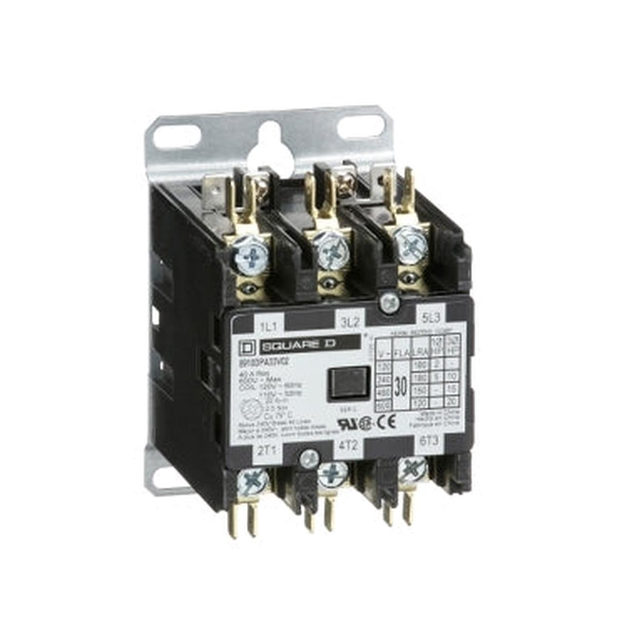 8910DPA33V02Y122 – Schneider Electric 30A 3-Pole Definite Purpose Contactor 20 HP 575 VAC 3 Phase 110/120 VAC Coil