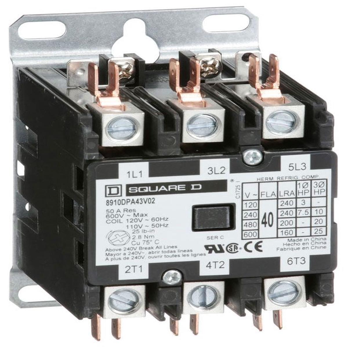 8910DPA43V02 – Square D 40A 3-Pole Definite Purpose Contactor 110/120V Coil Panel Mount