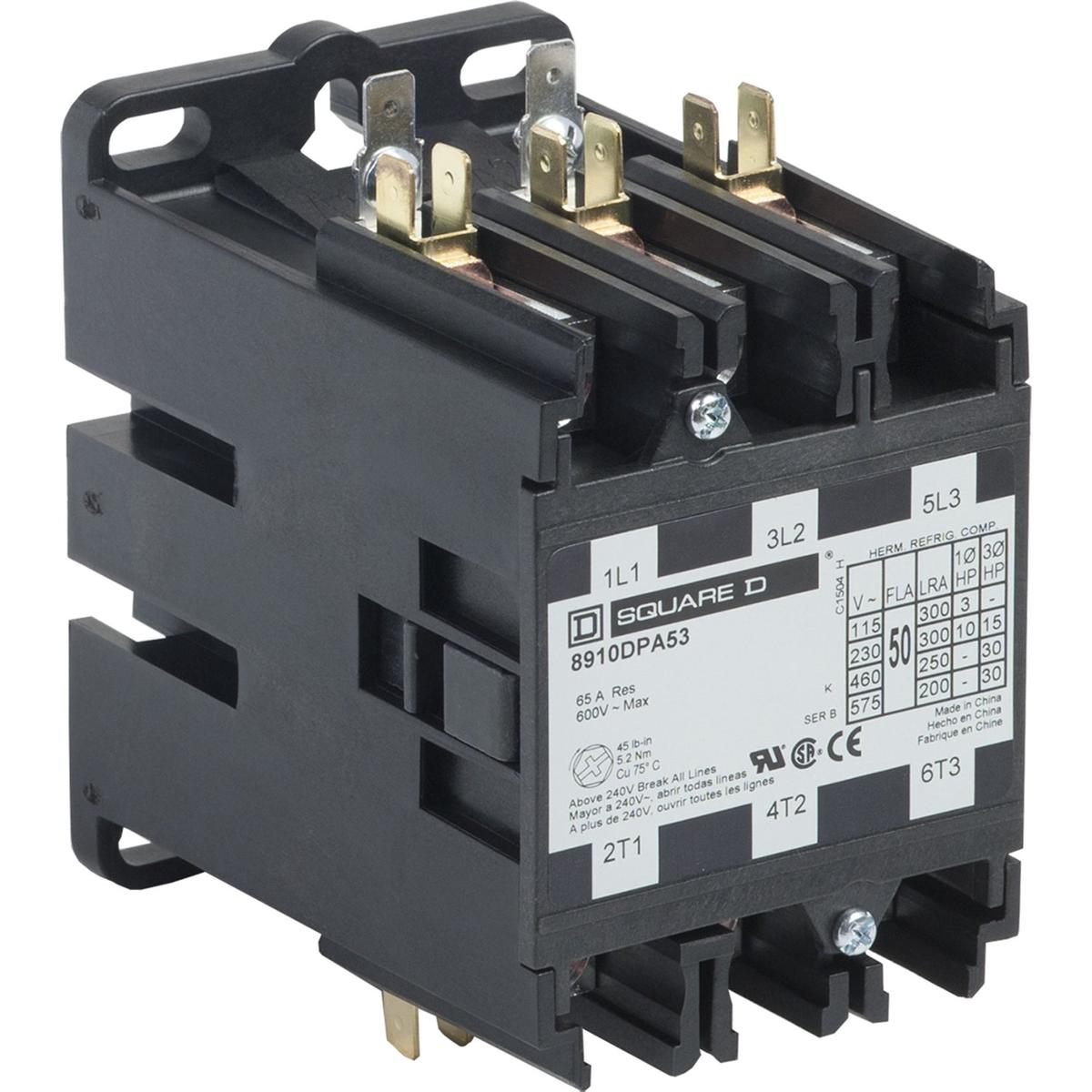 8910DPA53V04 – Square D 50A 277V 3 Pole Definite Purpose Contactor Open Type DPA Series