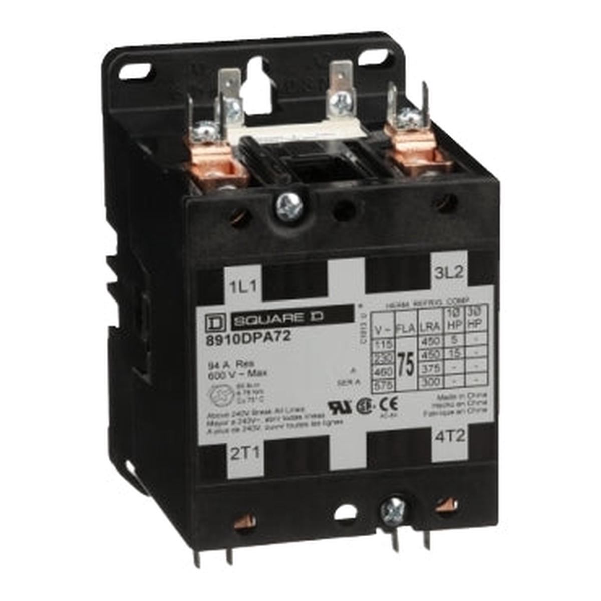 8910DPA72V09 – Square D 75A 2 Pole 1 Phase Definite Purpose Contactor 208-240V Coil 600VAC