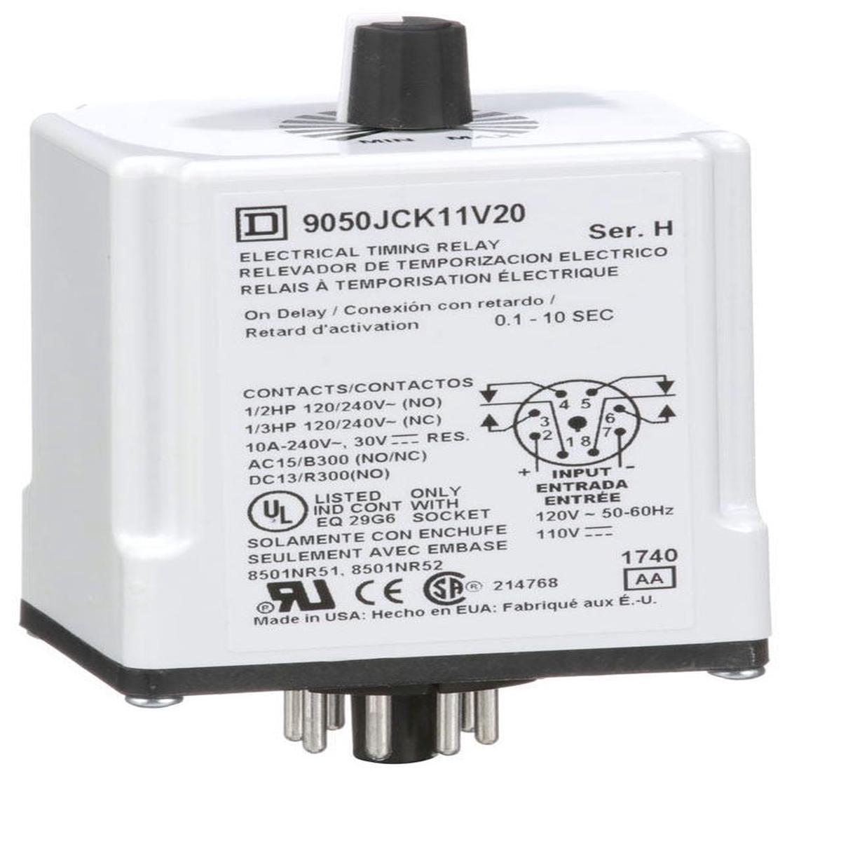 9050JCK11V20 – Square D 10A 120 VAC/110 VDC DPDT Plug-In On-Delay Timing Relay 0.1-10 Seconds