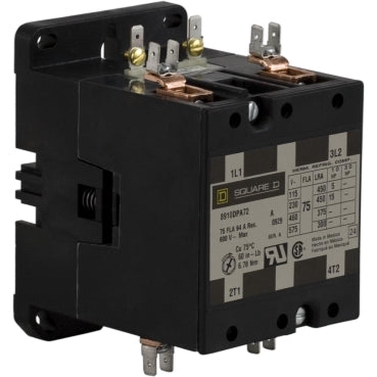8910DPA72V06 – Square D 75A 600V 2 Pole 1 Phase Definite Purpose Contactor