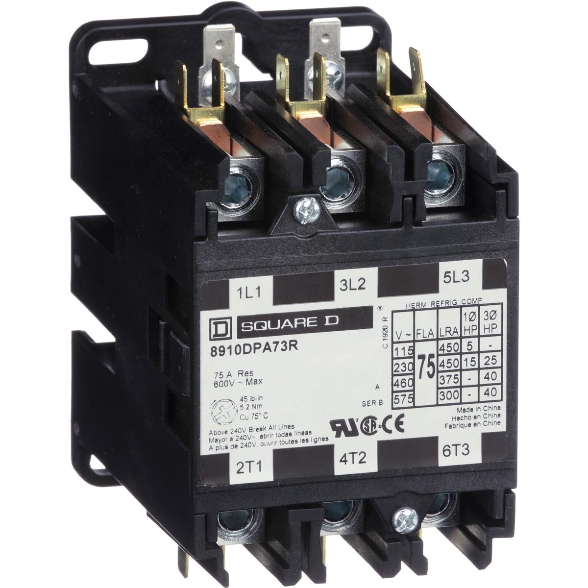 8910DPA73RV09 – Square D 75A 3 Pole Definite Purpose Contactor 208-240V Coil Open Frame Motor Control