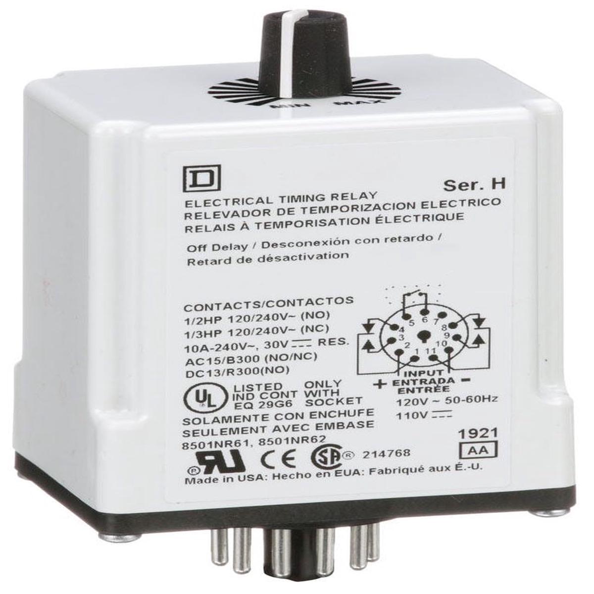 9050JCK25V20 – Square D 10A 240VAC DPDT Off-Delay Timing Relay Adjustable 1.8-180s Plug-In