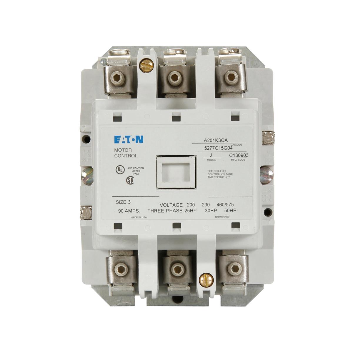 A201K3CA – Eaton Cutler Hammer 90A 3-Pole NEMA Size 3 Non-Reversing Magnetic Contactor, 120V Coil, Open Mount, 600V Interrupt, UL/CSA Certified