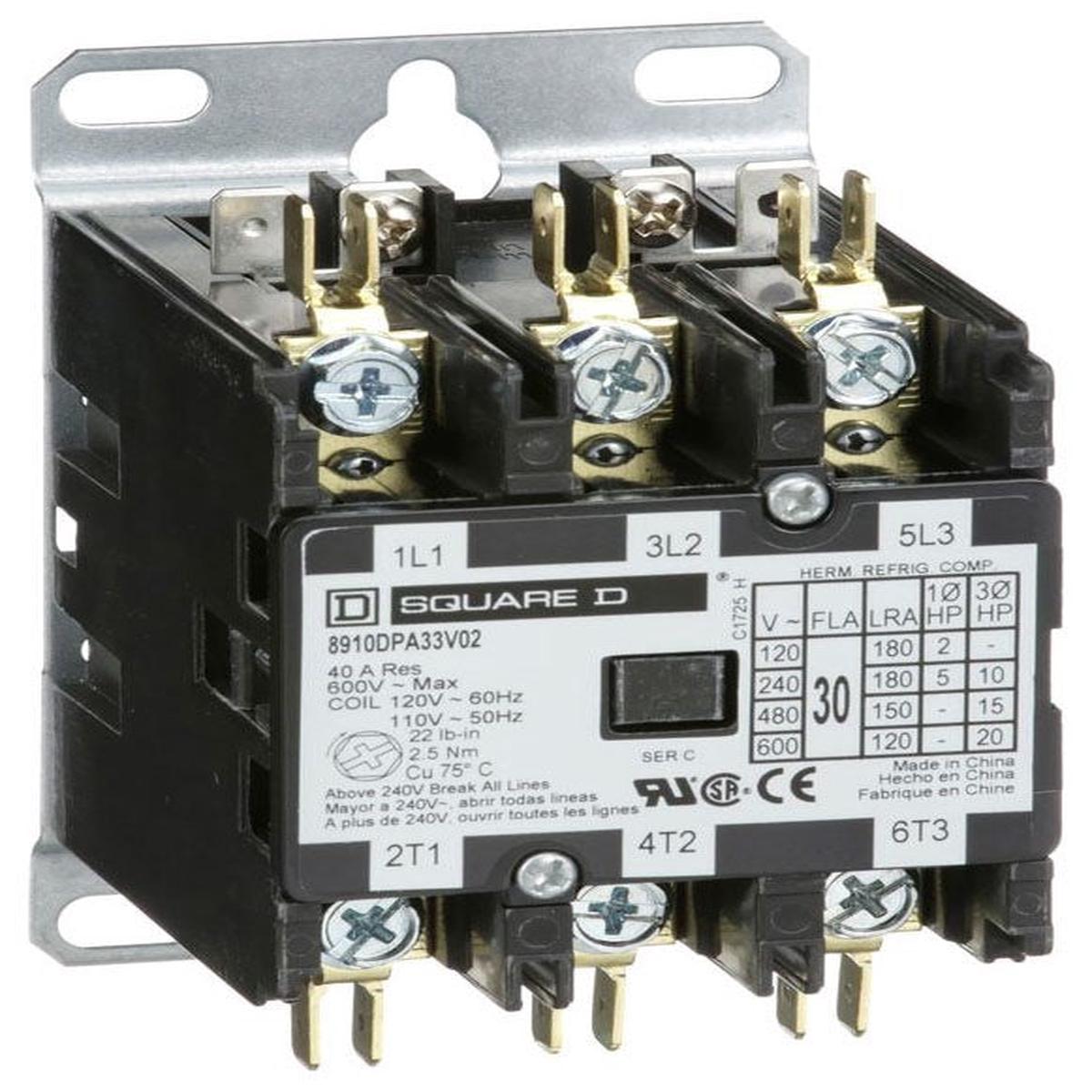 8910DPA33V02 – Square D 30A 120V 3-Pole Definite Purpose Contactor Panel Mount