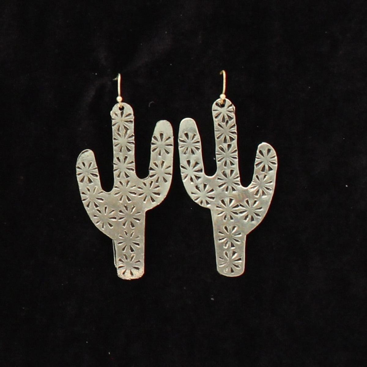 Etched Cactus Western Earrings – Silver